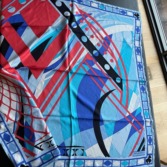 ❌SOLD❌Emilio Pucci Silk Scarf Large Square Blue Red Print Design - Picture 2 of 7